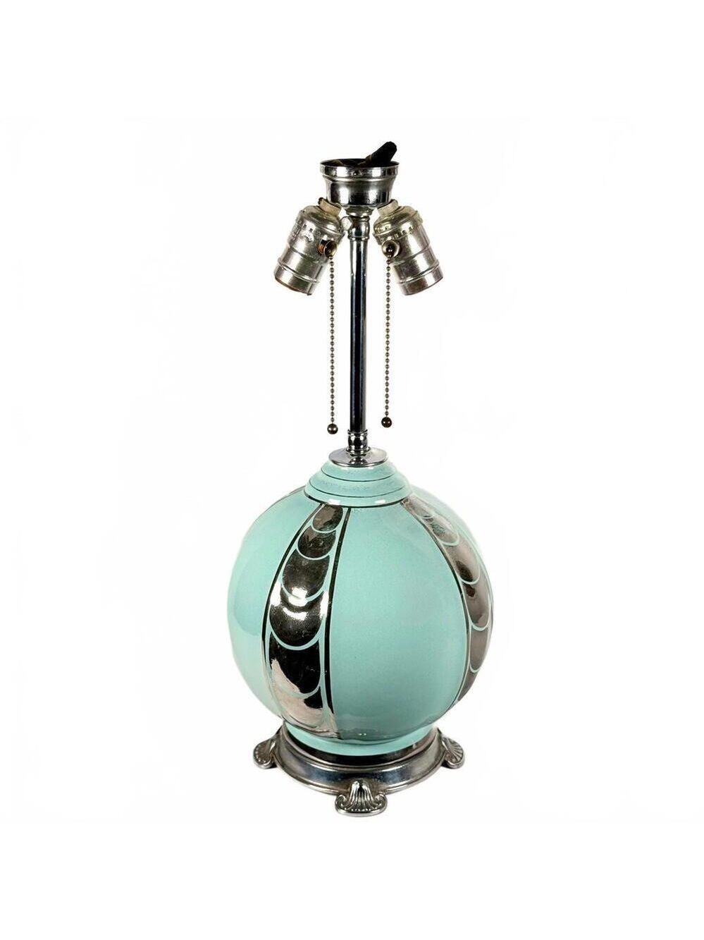 Birks Art Deco Ceramic Lamp Celadon with Chrome-Color Decoration Double Socket